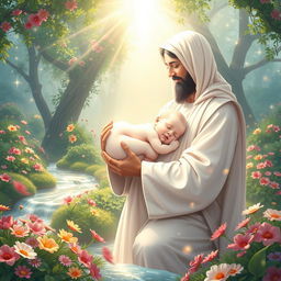 A beautiful and serene depiction of the birth of Fatimah, illustrated with a soft white and undefined facial features, cradled in the arms of Prophet Muhammad, who also has a gentle, undefined face in a pure white hue