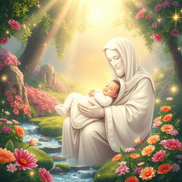 A beautiful and serene depiction of the birth of Fatimah, illustrated with a soft white and undefined facial features, cradled in the arms of Prophet Muhammad, who also has a gentle, undefined face in a pure white hue