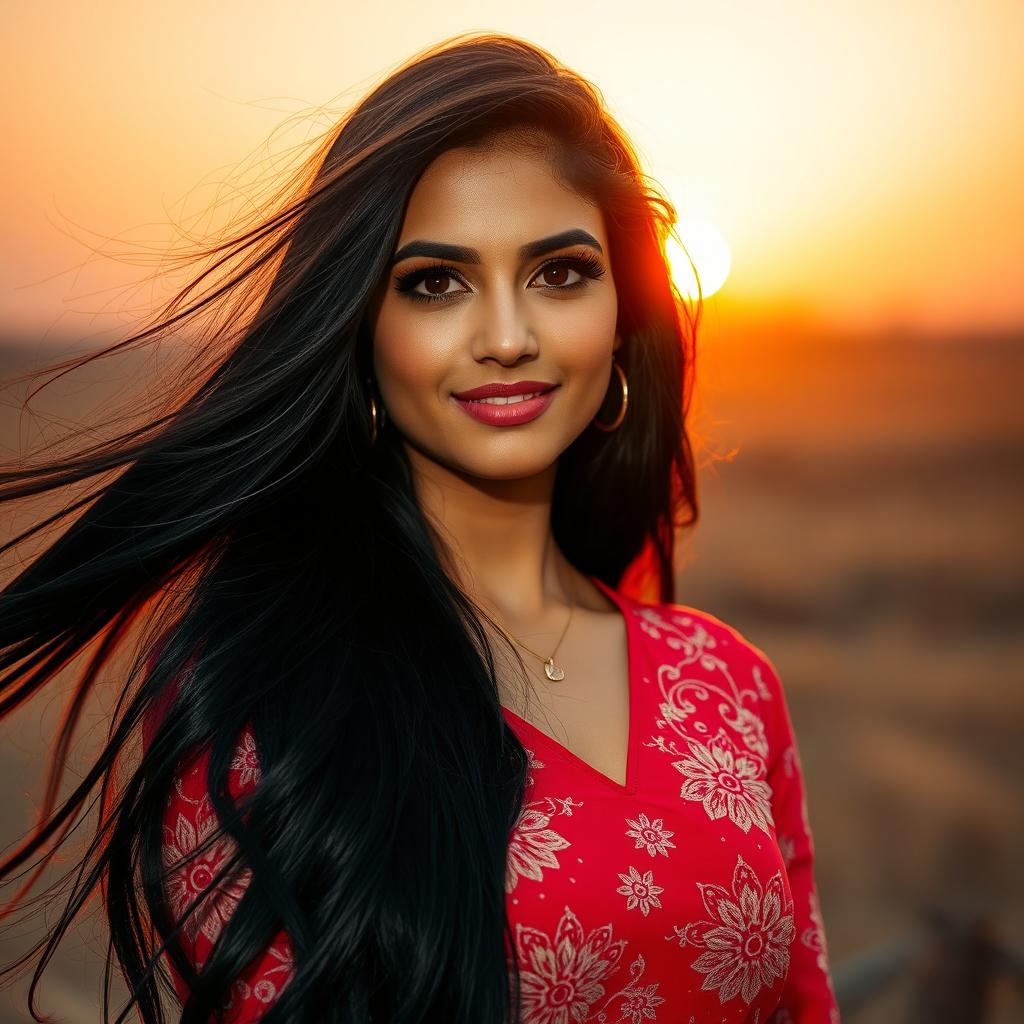 A stunning portrait of a beautiful woman named Riya with long flowing black hair, wearing a vibrant red dress studded with floral patterns