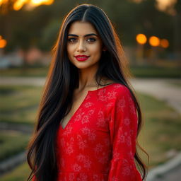 A stunning portrait of a beautiful woman named Riya with long flowing black hair, wearing a vibrant red dress studded with floral patterns