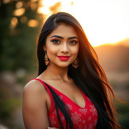 A stunning portrait of a beautiful woman named Riya with long flowing black hair, wearing a vibrant red dress studded with floral patterns