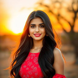 A stunning portrait of a beautiful woman named Riya with long flowing black hair, wearing a vibrant red dress studded with floral patterns