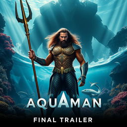 An epic, cinematic poster for the movie 'Aquaman 3 - Final Trailer (2025)', showcasing a powerful and heroic Aquaman standing tall amidst an undersea kingdom