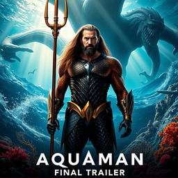 An epic, cinematic poster for the movie 'Aquaman 3 - Final Trailer (2025)', showcasing a powerful and heroic Aquaman standing tall amidst an undersea kingdom