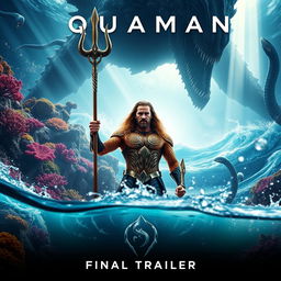 An epic, cinematic poster for the movie 'Aquaman 3 - Final Trailer (2025)', showcasing a powerful and heroic Aquaman standing tall amidst an undersea kingdom