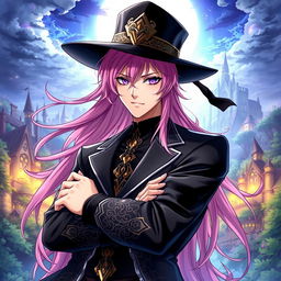 An impressive light novel cover featuring a masculine male character with long, flowing pink hair that adds a striking contrast to his powerful presence