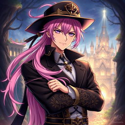 An impressive light novel cover featuring a masculine male character with long, flowing pink hair that adds a striking contrast to his powerful presence