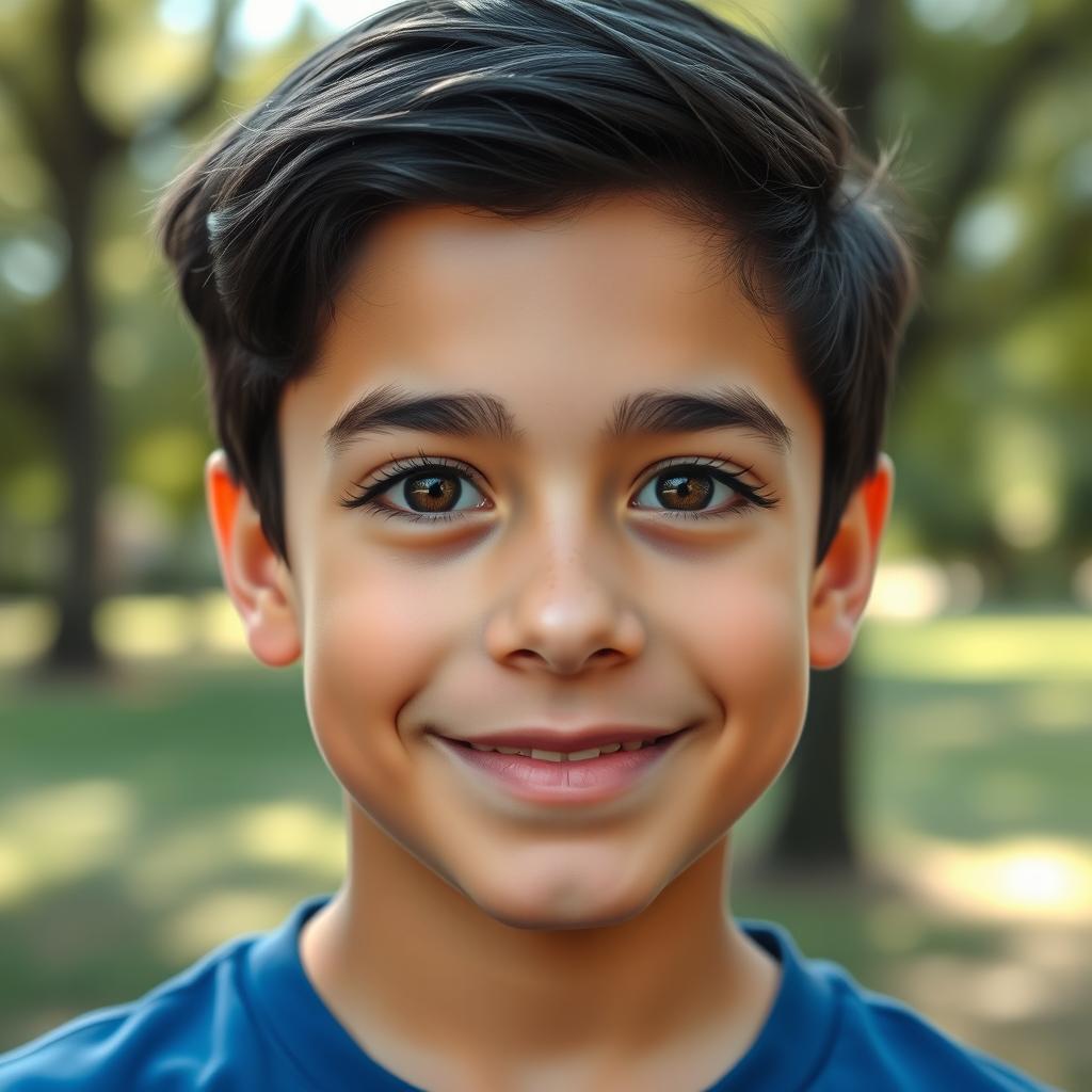 A portrait of a 13-year-old boy with striking black hair and honey-colored eyes that radiate warmth and curiosity