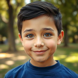 A portrait of a 13-year-old boy with striking black hair and honey-colored eyes that radiate warmth and curiosity