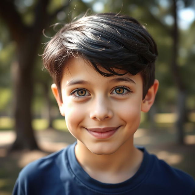 A portrait of a 13-year-old boy with striking black hair and honey-colored eyes that radiate warmth and curiosity