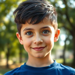 A portrait of a 13-year-old boy with striking black hair and honey-colored eyes that radiate warmth and curiosity