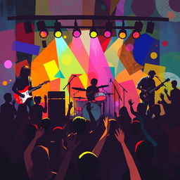 A vibrant and dynamic visual representation of music featuring a mix of abstract shapes and colors that evoke the rhythm and energy of a live band performance