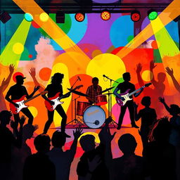 A vibrant and dynamic visual representation of music featuring a mix of abstract shapes and colors that evoke the rhythm and energy of a live band performance