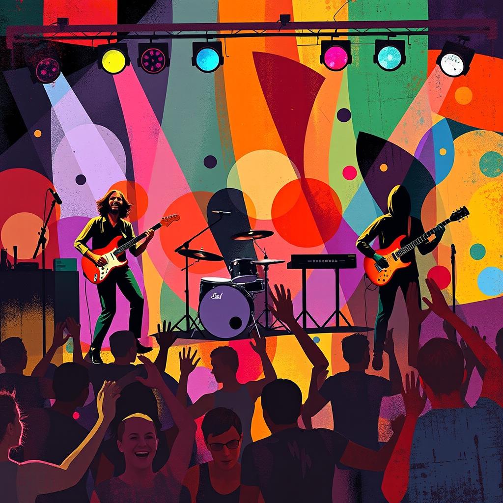 A vibrant and dynamic visual representation of music featuring a mix of abstract shapes and colors that evoke the rhythm and energy of a live band performance