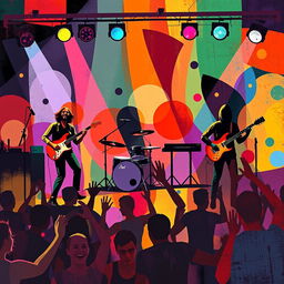 A vibrant and dynamic visual representation of music featuring a mix of abstract shapes and colors that evoke the rhythm and energy of a live band performance