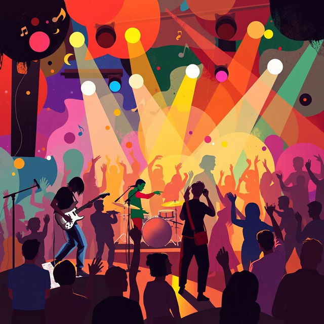 A vibrant and dynamic visual representation of music featuring a mix of abstract shapes and colors that evoke the rhythm and energy of a live band performance