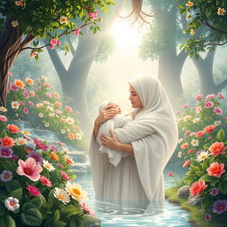 A serene and enchanting portrayal of the birth of Fatimah, illustrated with a soft white and undefined facial features, cradled gently in the arms of Prophet Muhammad, who also has a gentle, undefined face in a luminous white hue