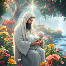 A serene and enchanting portrayal of the birth of Fatimah, illustrated with a soft white and undefined facial features, cradled gently in the arms of Prophet Muhammad, who also has a gentle, undefined face in a luminous white hue