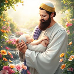 A serene and enchanting portrayal of the birth of Fatimah, illustrated with a soft white and undefined facial features, cradled gently in the arms of Prophet Muhammad, who also has a gentle, undefined face in a luminous white hue