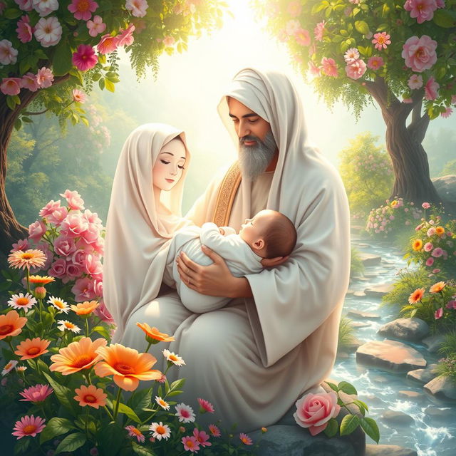 A serene and enchanting portrayal of the birth of Fatimah, illustrated with a soft white and undefined facial features, cradled gently in the arms of Prophet Muhammad, who also has a gentle, undefined face in a luminous white hue