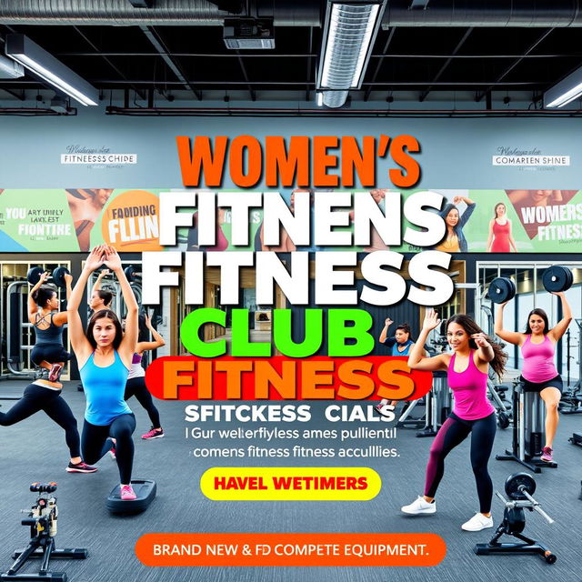 A vibrant advertising poster for a women's fitness club, showcasing a modern and inviting atmosphere