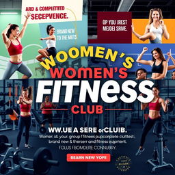 A vibrant advertising poster for a women's fitness club, showcasing a modern and inviting atmosphere