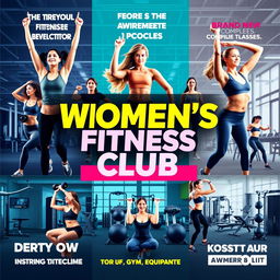 A vibrant advertising poster for a women's fitness club, showcasing a modern and inviting atmosphere