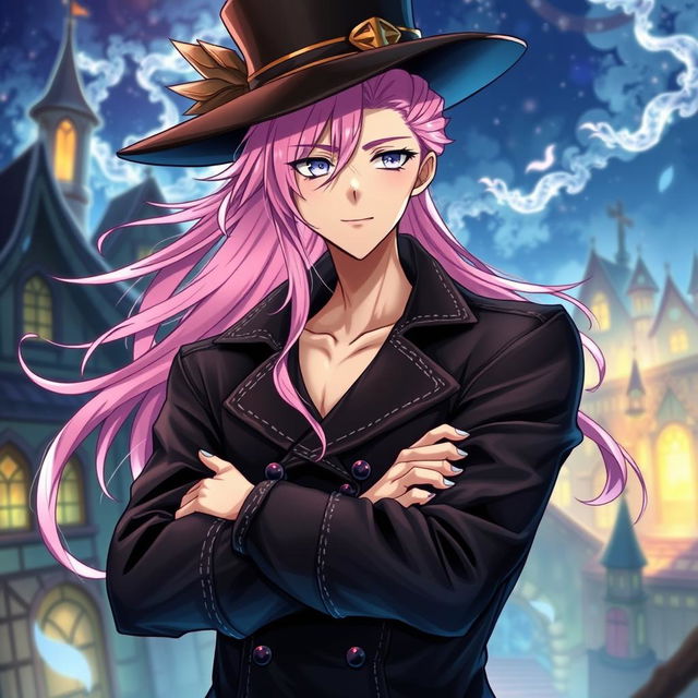 A captivating light novel cover featuring a masculine male character with long, flowing pink hair that cascades elegantly around him