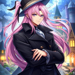 A captivating light novel cover featuring a masculine male character with long, flowing pink hair that cascades elegantly around him