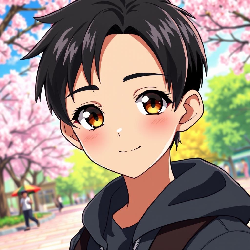 A young anime boy aged 13 with striking black hair and captivating honey-colored eyes, featuring long, beautiful lashes that enhance his expressive gaze