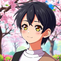 A young anime boy aged 13 with striking black hair and captivating honey-colored eyes, featuring long, beautiful lashes that enhance his expressive gaze