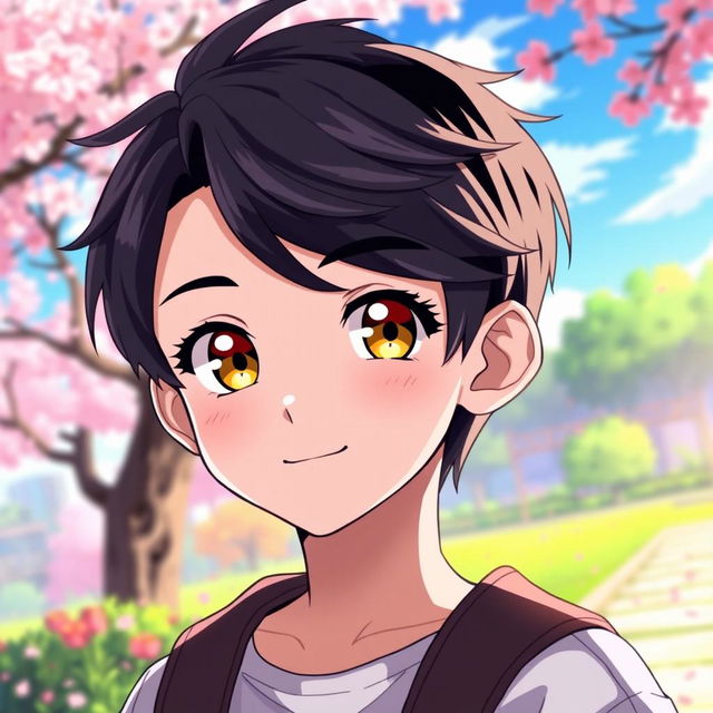 A young anime boy aged 13 with striking black hair and captivating honey-colored eyes, featuring long, beautiful lashes that enhance his expressive gaze