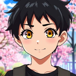 A young anime boy aged 13 with striking black hair and captivating honey-colored eyes, featuring long, beautiful lashes that enhance his expressive gaze
