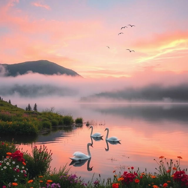 A serene landscape featuring a tranquil lake at dawn, surrounded by lush green hills and colorful wildflowers