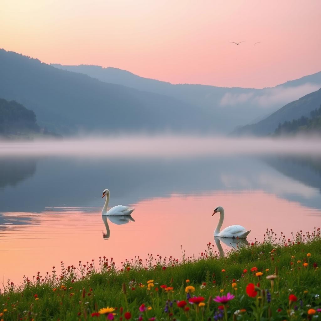 A serene landscape featuring a tranquil lake at dawn, surrounded by lush green hills and colorful wildflowers