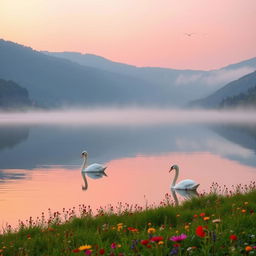 A serene landscape featuring a tranquil lake at dawn, surrounded by lush green hills and colorful wildflowers