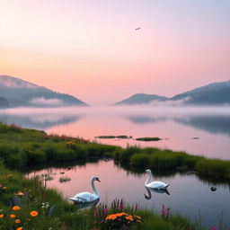 A serene landscape featuring a tranquil lake at dawn, surrounded by lush green hills and colorful wildflowers