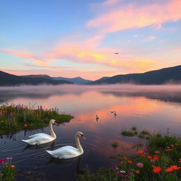 A serene landscape featuring a tranquil lake at dawn, surrounded by lush green hills and colorful wildflowers