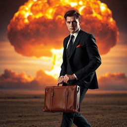A man dressed in a sleek black suit, carrying a vintage leather suitcase, confidently walks with purpose in front of a massive nuclear explosion