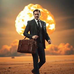 A man dressed in a sleek black suit, carrying a vintage leather suitcase, confidently walks with purpose in front of a massive nuclear explosion