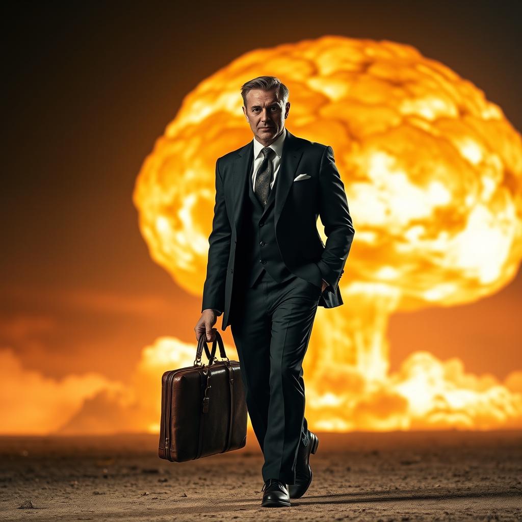 A man dressed in a sleek black suit, carrying a vintage leather suitcase, confidently walks with purpose in front of a massive nuclear explosion