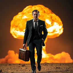 A man dressed in a sleek black suit, carrying a vintage leather suitcase, confidently walks with purpose in front of a massive nuclear explosion