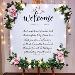 A beautifully designed welcome board for a special event, featuring elegant floral decorations in soft pastels, intricate handwritten calligraphy presenting a warm message, surrounded by fairy lights to create an inviting atmosphere