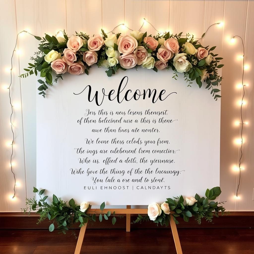 A beautifully designed welcome board for a special event, featuring elegant floral decorations in soft pastels, intricate handwritten calligraphy presenting a warm message, surrounded by fairy lights to create an inviting atmosphere