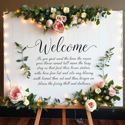 A beautifully designed welcome board for a special event, featuring elegant floral decorations in soft pastels, intricate handwritten calligraphy presenting a warm message, surrounded by fairy lights to create an inviting atmosphere