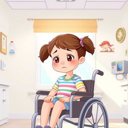 A cartoon illustration of a small girl sitting in a wheelchair in a hospital setting, looking sad