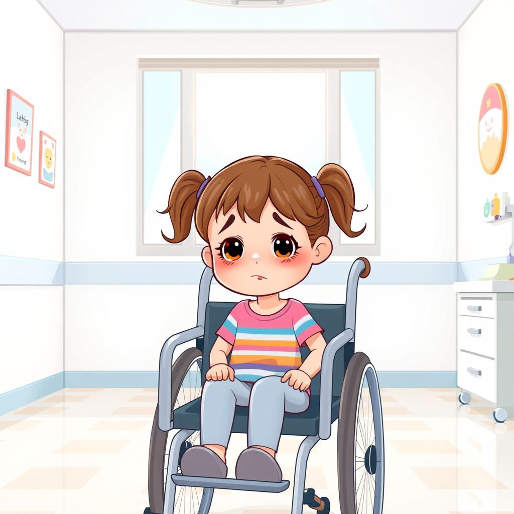 A cartoon illustration of a small girl sitting in a wheelchair in a hospital setting, looking sad