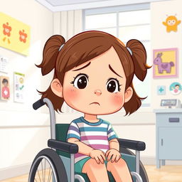 A cartoon illustration of a small girl sitting in a wheelchair in a hospital setting, looking sad