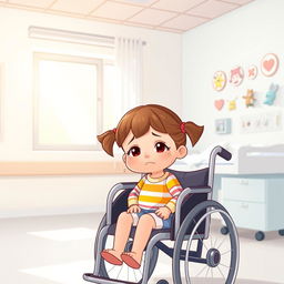 A cartoon illustration of a small girl sitting in a wheelchair in a hospital setting, looking sad
