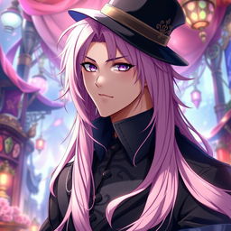 An eye-catching light novel cover featuring a masculine male character with long, flowing pink hair that drapes elegantly around him